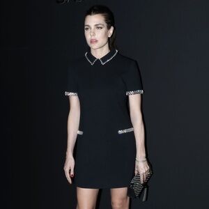 60s Style Black Wool Saint Laurent Mini Dress with Crystal Detail 36FR